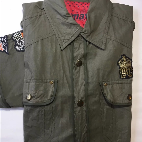 Max Men’s Short Sleeve Button Down Shirt Patched Army Green M - Picture 1 of 11